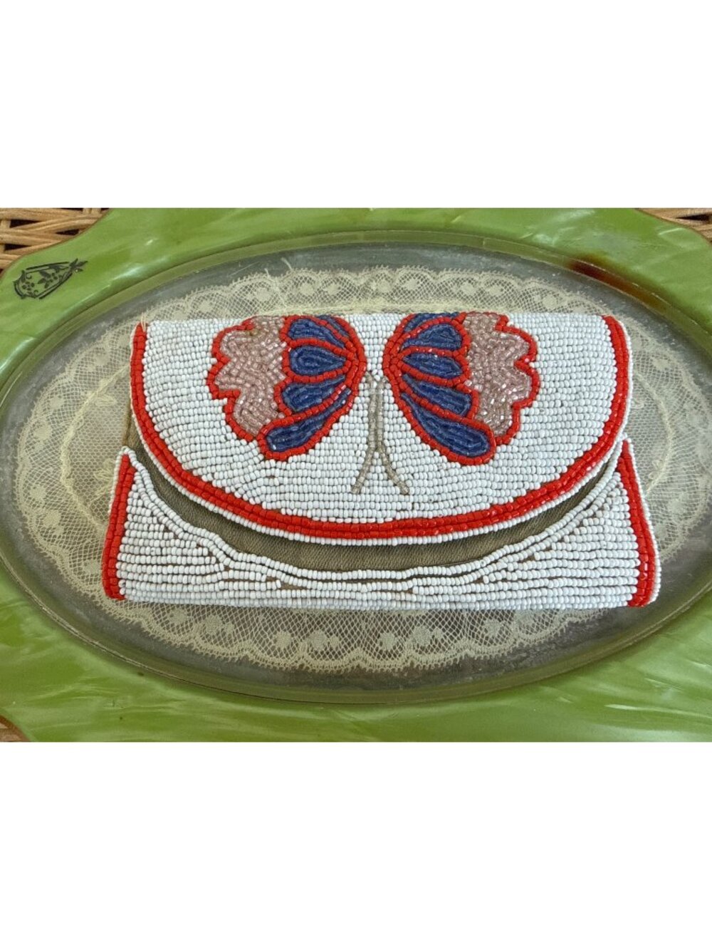 Vintage 70's Beaded Handmade Wallet Butterfly Flowers Denim Lining Boho